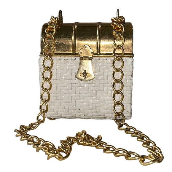 RARE Sacha Vintage White Wicker Straw Gold Curved Chain Strap Basket Box Purse - Picture 4 of 16